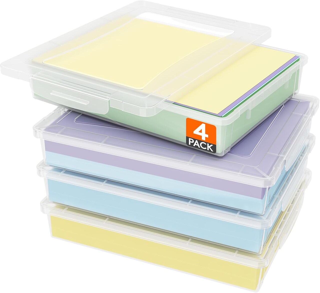 4-Pack Clear Paper Organizer Storage Boxes – Multi-Purpose Plastic File Containers with Snap Latching Lids, Fits A4 & 8.5x11” Documents, Scrapbooks, Magazines & Art Supplies
